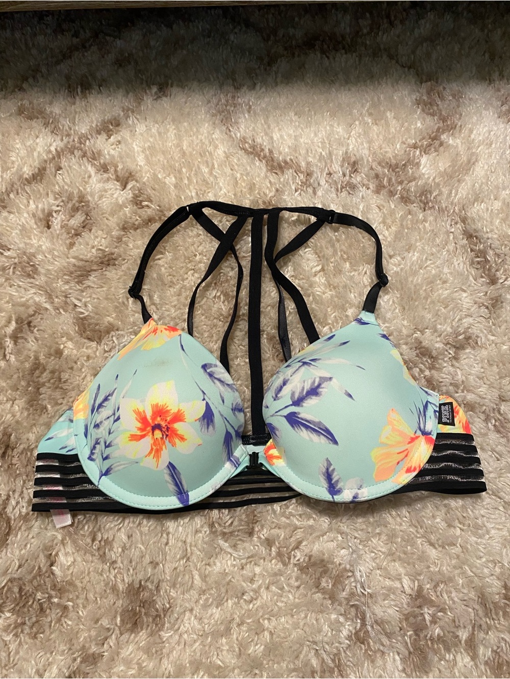PINK Victoria's Secret Mint Floral Strappy Push-Up Bra